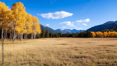 Stunning Autumn Landscape with Golden Trees and Blue Sky in Majestic Mountains : Generative AI