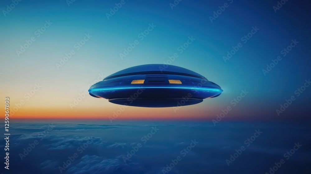 Futuristic Flying Saucer Over Clouds at Sunset in Vibrant Sky Futuristic Flying Saucer Over Clouds at Sunset in Vibrant Sky
