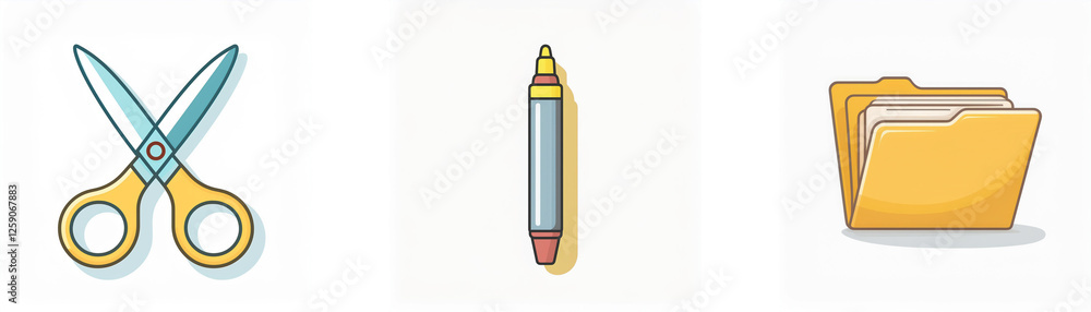 Icons of stationery and office tools are displayed: sharp scissors, a graphite pencil, and a yellow folder for organizing documents. Icons of stationery and office tools are displayed: sharp scissors, a graphite pencil, and a yellow folder for organizing documents.