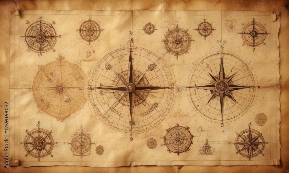 Fototapeta premium A set of old navigation charts with hand-drawn maps and nautical symbols on yellowed parchment paper, sailing, compass, ocean