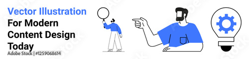 Abstract man pointing, figure holding a circle, gear inside light bulb symbolizing ideas. Ideal for creativity, innovation, technology, education, teamwork, strategy flat landing page banner