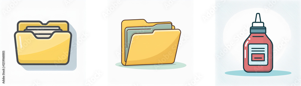 Three icons are displayed: two yellow folders, one open and one closed, and a red glue bottle, all on a white background. Three icons are displayed: two yellow folders, one open and one closed, and a red glue bottle, all on a white background.