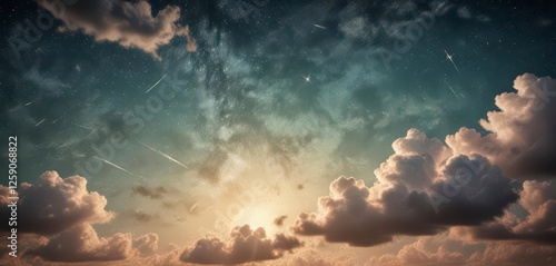 Retro style sky with clouds and stars on aged paper background, clouds,  night sky