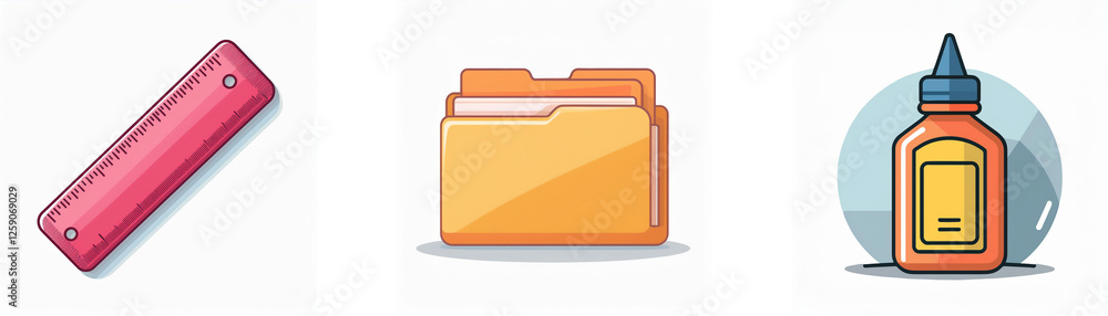 Three icons of office or school tools: a pink ruler, an orange folder for files, and a bottle of glue, all depicted on a white backdrop. Three icons of office or school tools: a pink ruler, an orange folder for files, and a bottle of glue, all depicted on a white backdrop.