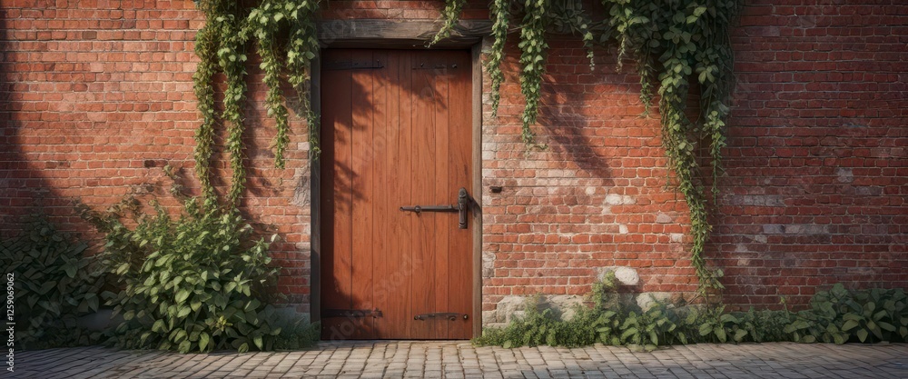 Fototapeta premium Rustic red brick wall with old wooden door and vines , rustic, door