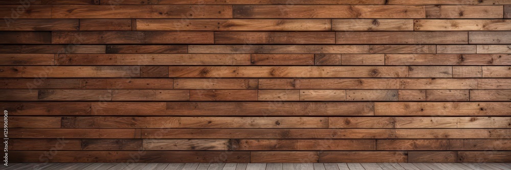 Fototapeta premium Rustic wooden wall background with brown stain, cozy atmosphere, earthy decor