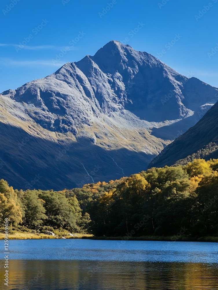 Naklejka premium Breathtaking Mountain Landscape with Clear Blue Sky and Scenic Reflections on Water : Generative AI