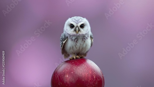 Adorable Baby Owl Perched on Red Apple Purple Background
