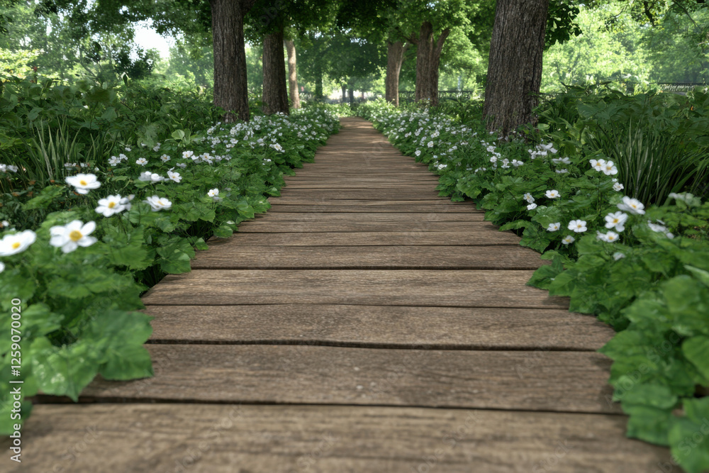 Obraz premium A wooden path with a row of white flowers on either side