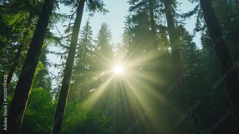 Sunlight Streaming Through Tall Trees in a Serene Forest Setting Sunlight Streaming Through Tall Trees in a Serene Forest Setting