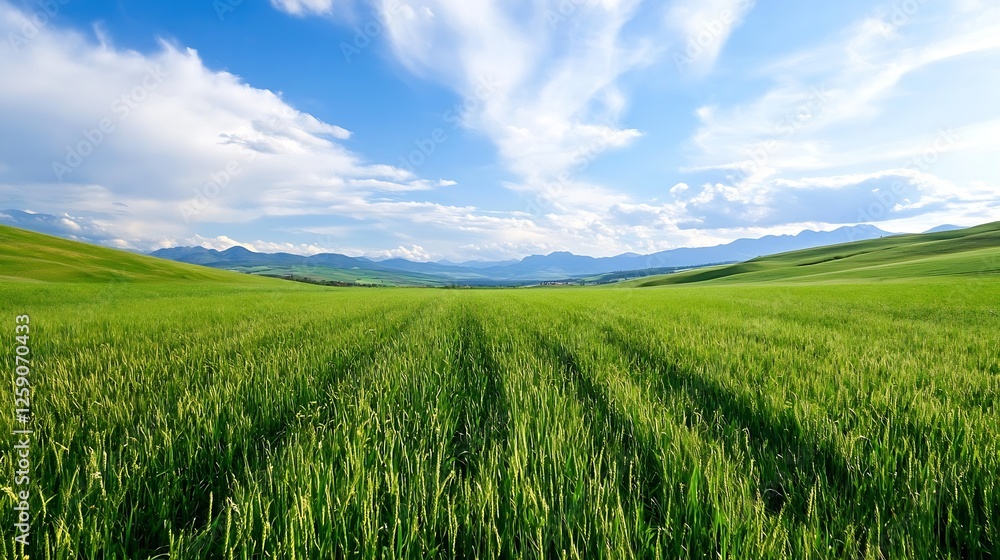Lush Green Rice Field Under Bright Blue Sky with Scenic Mountains in the Background for Summer Vibes : Generative AI Lush Green Rice Field Under Bright Blue Sky with Scenic Mountains in the Background for Summer Vibes : Generative AI
