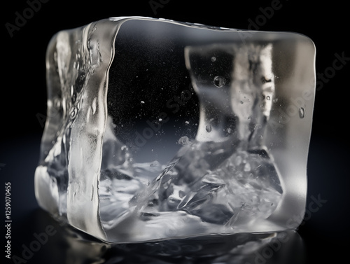 A close-up shot of a crystal-clear ice cube with visible air bubbles, showing intricate details and sharp edges, captured in ultra-realistic clarity with cinematic lighting. photo