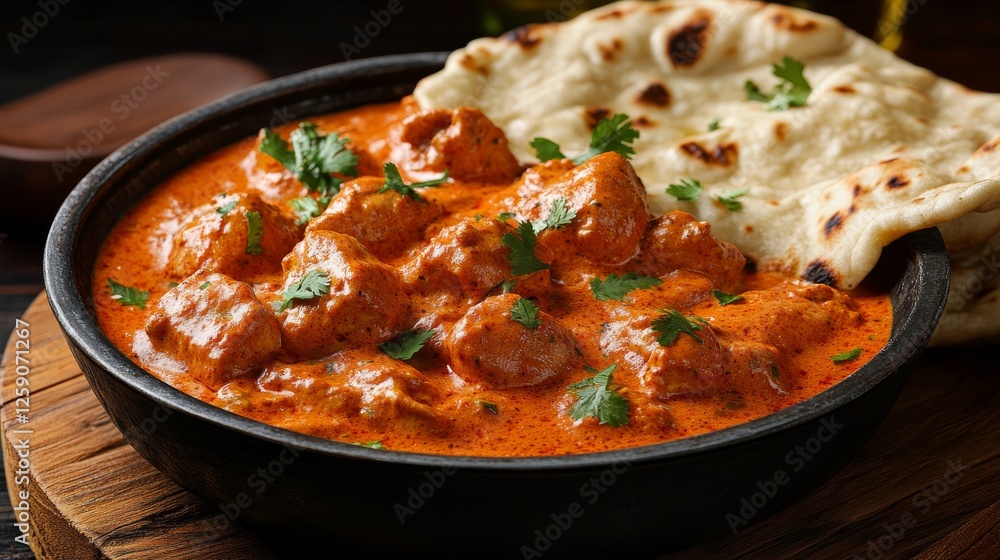 Traditional Indian butter chicken with naan bread. Featuring a rich and creamy dish. Highlighting the texture and flavors of the butter chicken. Ideal for food and cultural themes. Traditional Indian butter chicken with naan bread. Featuring a rich and creamy dish. Highlighting the texture and flavors of the butter chicken. Ideal for food and cultural themes.