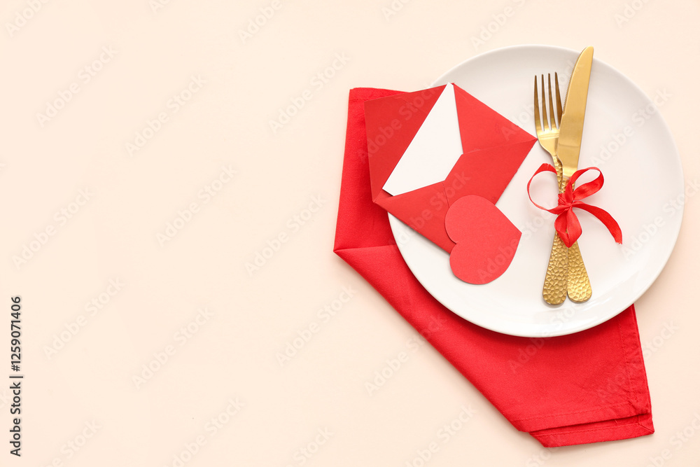 Beautiful table setting with paper heart and envelope on beige background. Valentine's Day celebration Beautiful table setting with paper heart and envelope on beige background. Valentine's Day celebration
