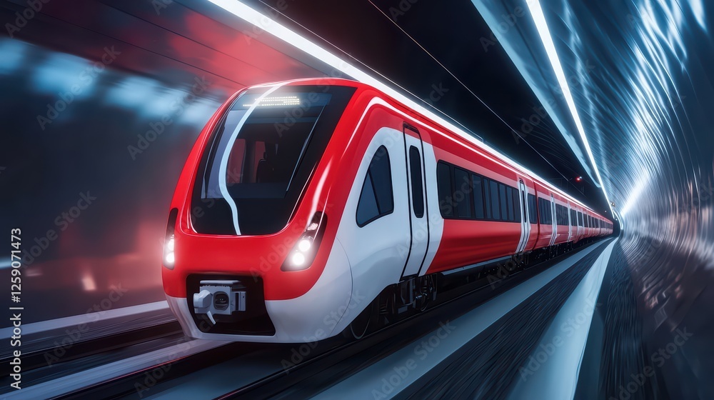 Fototapeta premium High-Speed Red Train Traveling Through Modern Tunnel Environment