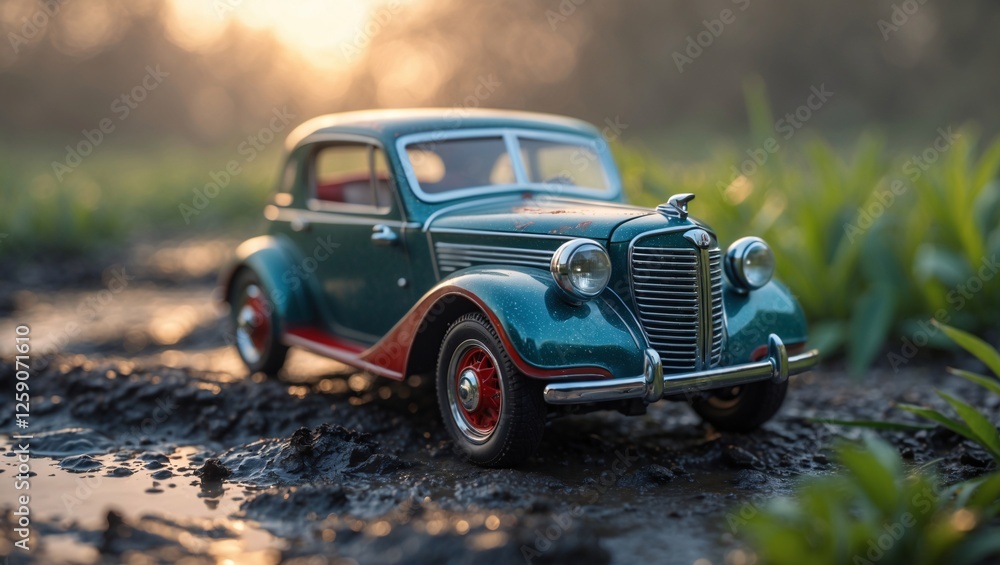 Classic toy car rests in a muddy field at sunset, capturing the essence of nostalgia and adventure in a tranquil outdoor setting Classic toy car rests in a muddy field at sunset, capturing the essence of nostalgia and adventure in a tranquil outdoor setting