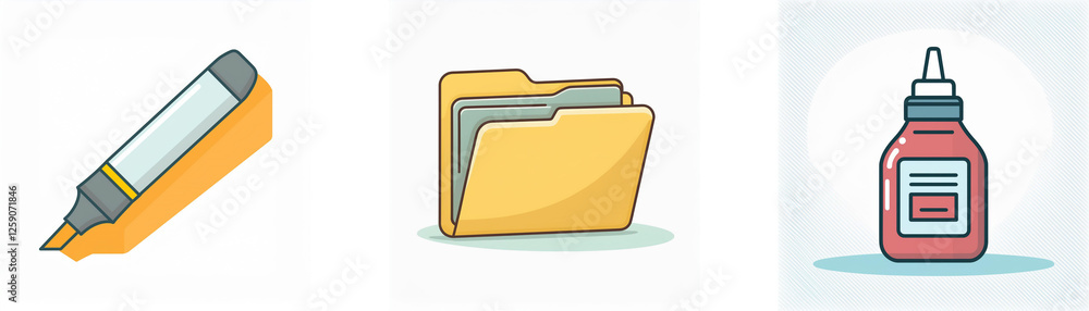 Three office and school icons are displayed: a yellow highlighter marking, a yellow folder, and a red glue bottle. Three office and school icons are displayed: a yellow highlighter marking, a yellow folder, and a red glue bottle.