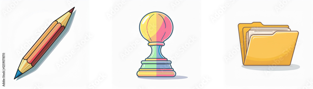 Three vibrant icons sit on a white backdrop: a slanted pencil, a rainbow sphere atop a stand, and a slightly opened yellow file folder. Three vibrant icons sit on a white backdrop: a slanted pencil, a rainbow sphere atop a stand, and a slightly opened yellow file folder.