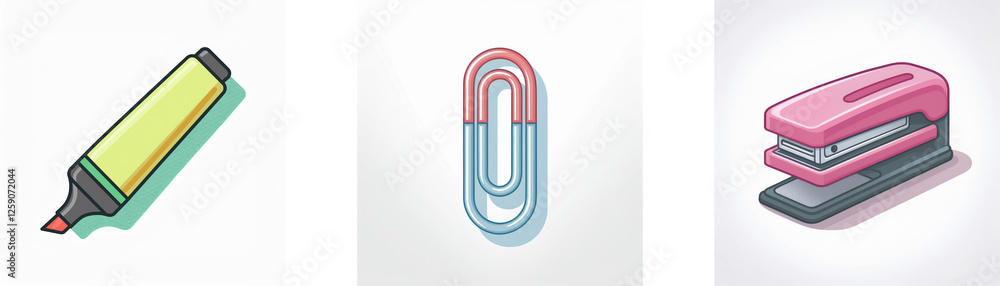 Office supplies include a yellow highlighter, a colorful paperclip, and a pink stapler, all depicted on a clean white surface. Office supplies include a yellow highlighter, a colorful paperclip, and a pink stapler, all depicted on a clean white surface.