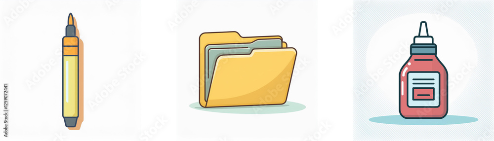 Icons depict yellow marker, file folder, and red glue bottle. Common office or school items illustrated in a simple vector graphic style. Icons depict yellow marker, file folder, and red glue bottle. Common office or school items illustrated in a simple vector graphic style.