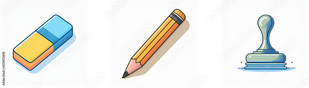 A blue and yellow eraser, a yellow pencil, and a gray stamp are presented as common stationery for writing, drawing, and marking documents or papers. A blue and yellow eraser, a yellow pencil, and a gray stamp are presented as common stationery for writing, drawing, and marking documents or papers.