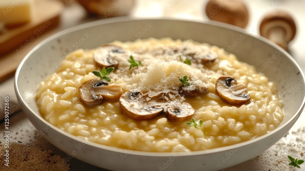 Traditional Italian risotto with mushrooms and Parmesan. Featuring a creamy and savory dish. Highlighting the texture and flavors of the risotto. Ideal for food and cultural themes. Traditional Italian risotto with mushrooms and Parmesan. Featuring a creamy and savory dish. Highlighting the texture and flavors of the risotto. Ideal for food and cultural themes.