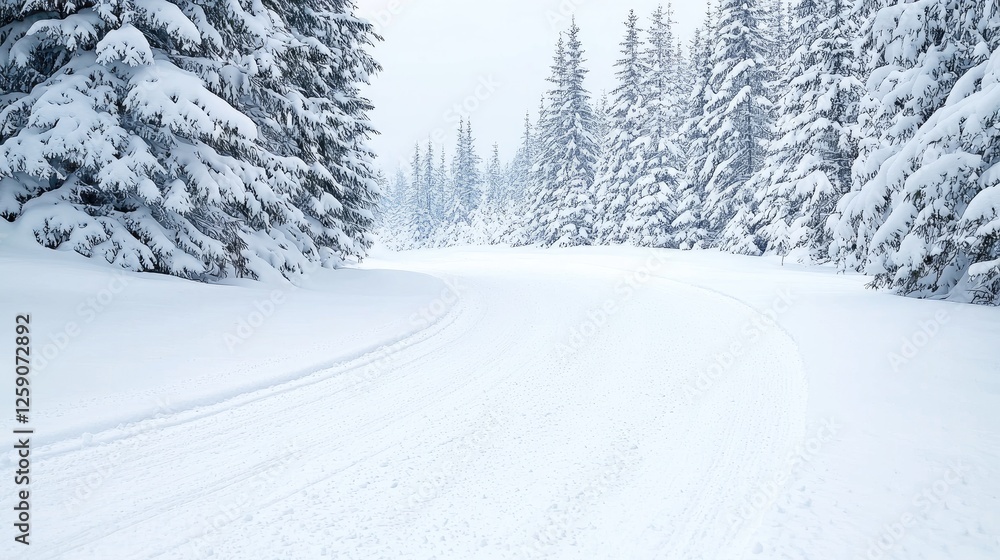 Fototapeta premium Snowy ski trail through snowy pine forest. Possible use for winter sports background