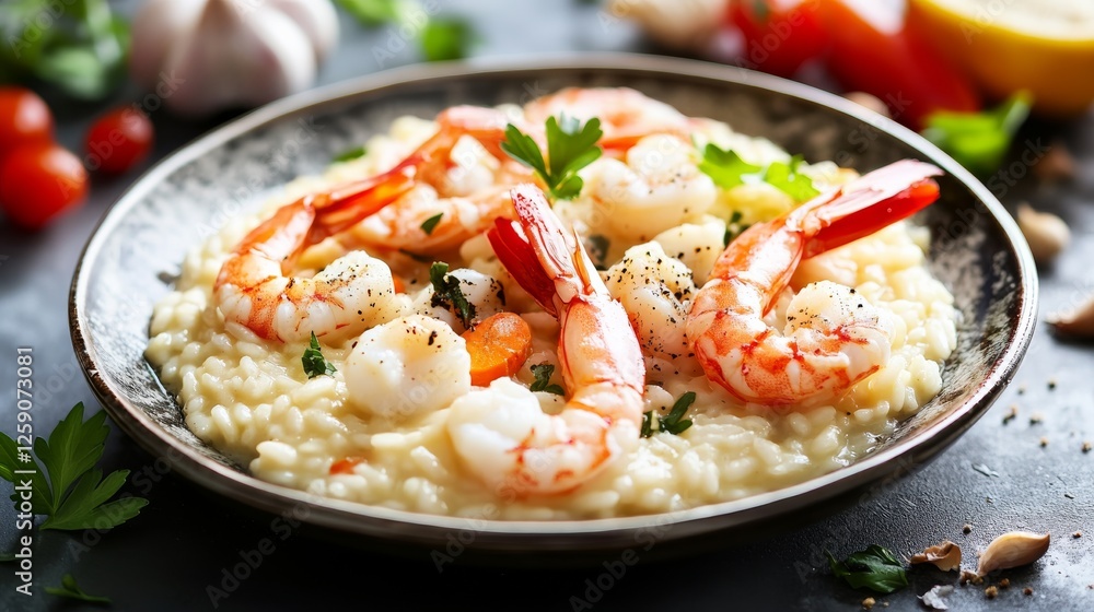 Traditional Italian risotto with seafood and vegetables. Featuring a creamy and rich dish. Highlighting the texture and flavors of the risotto and seafood. Ideal for food and gourmet themes. Traditional Italian risotto with seafood and vegetables. Featuring a creamy and rich dish. Highlighting the texture and flavors of the risotto and seafood. Ideal for food and gourmet themes.