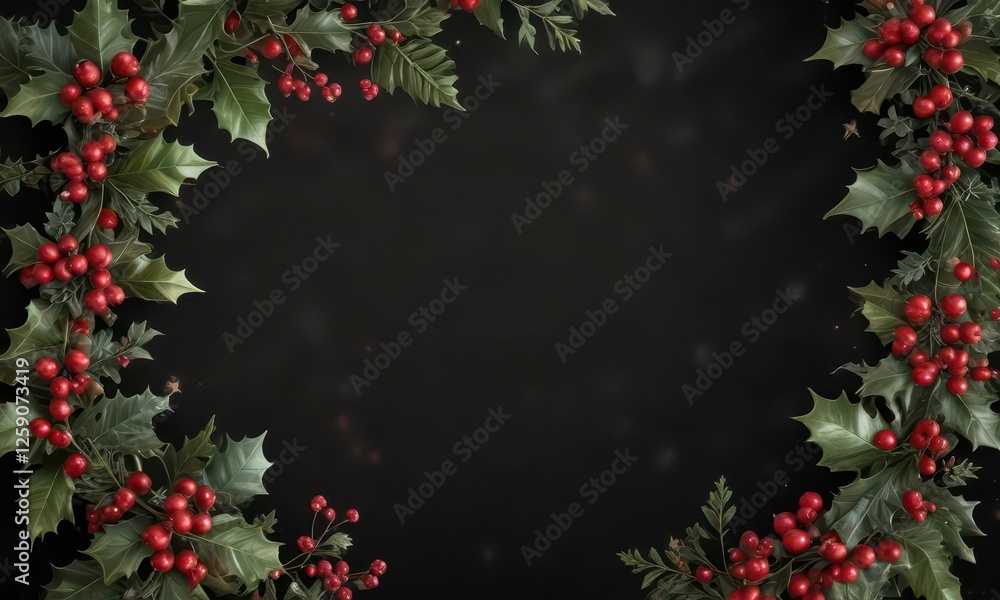 Fototapeta premium Swirl ribbons and stars on black background with festive holly leaves and berries, winter wonderland, dark background