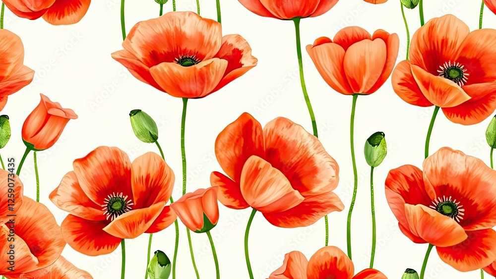 Fototapeta premium Vibrant Orange Poppy Flowers Seamless Pattern Floral Background