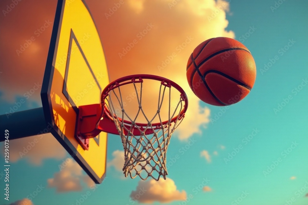 Basketball hoop with ball bouncing in the air, sporty, jump, high flight Basketball hoop with ball bouncing in the air, sporty, jump, high flight