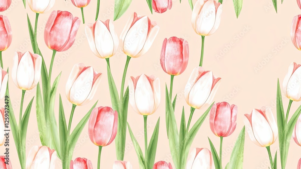 Obraz premium Pastel Pink White Tulips Spring Floral Seamless Pattern