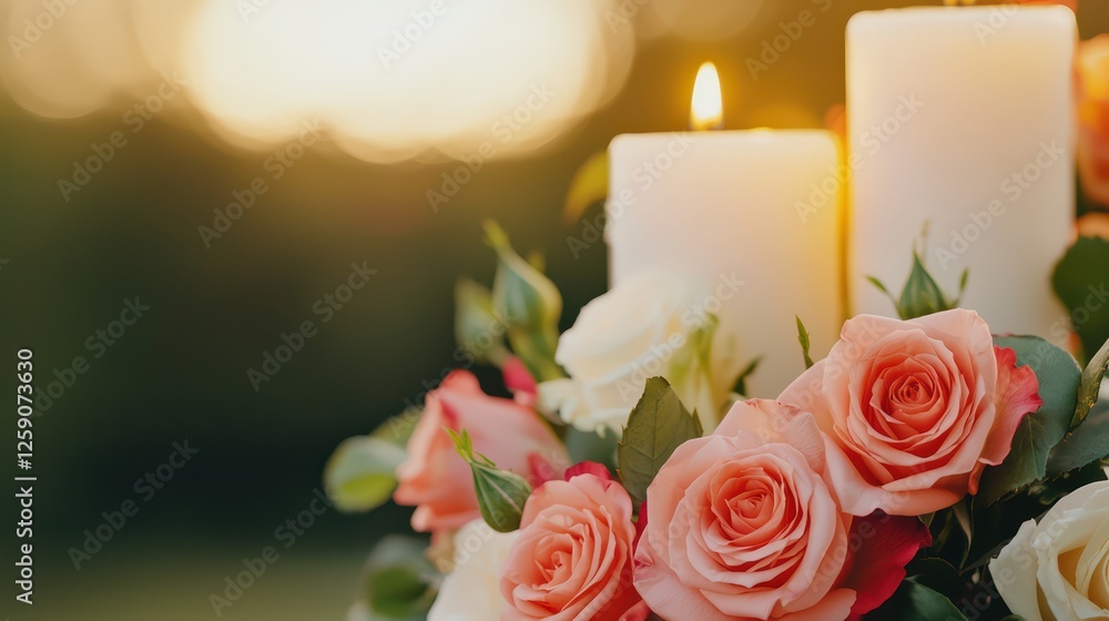 Obraz premium Romantic Arrangement of Roses with Candles in a Soft Evening Glow