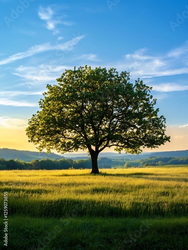 Majestic solitary tree standing in a golden field under a bright blue sky : Generative AI