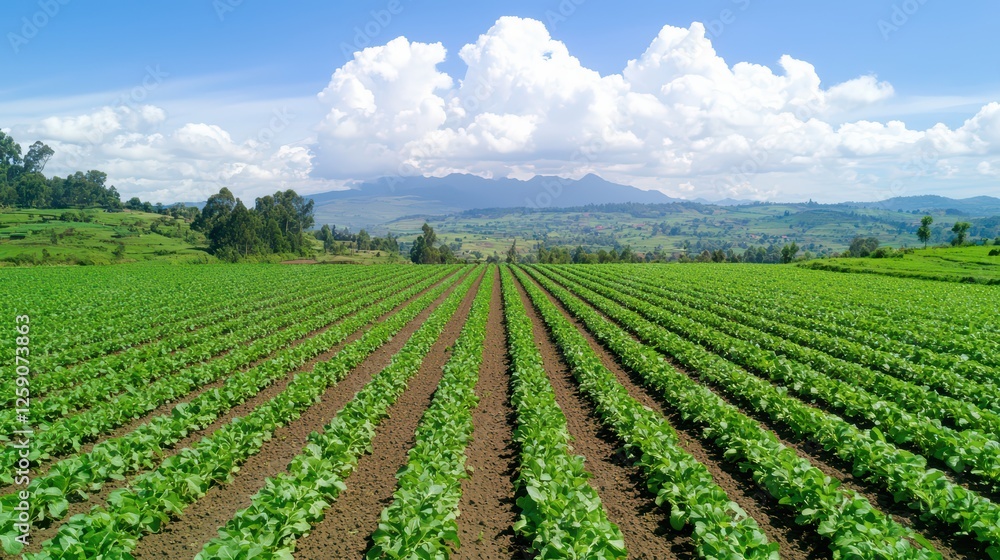 Vast Green Fields Under Blue Sky with Fluffy Clouds and Mountains Vast Green Fields Under Blue Sky with Fluffy Clouds and Mountains