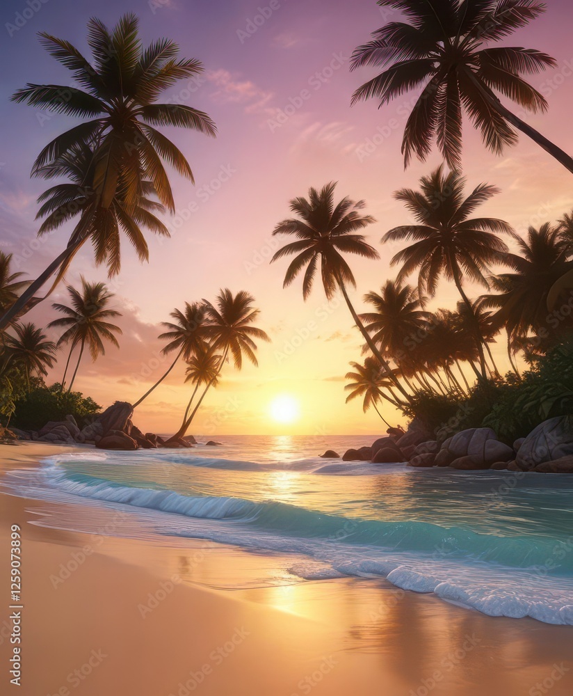 Fototapeta premium Tropical island landscape with palm trees and beach at sunset, sunset, beach