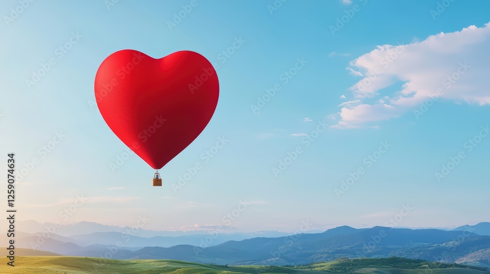 Fototapeta premium Heart-Shaped Hot Air Balloon Soaring Over Beautiful Scenic Landscape