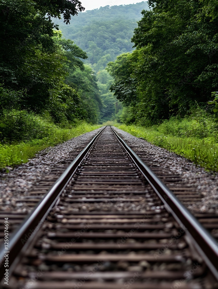 Obraz premium Picturesque Railway Tracks Surrounded by Lush Green Trees : Generative AI