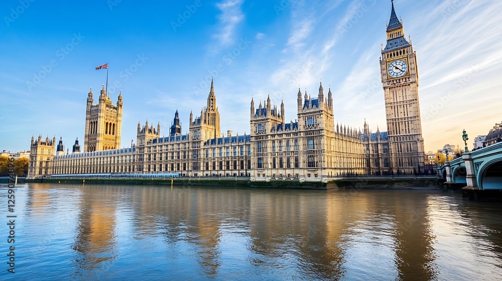 Fototapeta premium Iconic view of the Palace of Westminster under a clear blue sky with vibrant reflections in the river : Generative AI