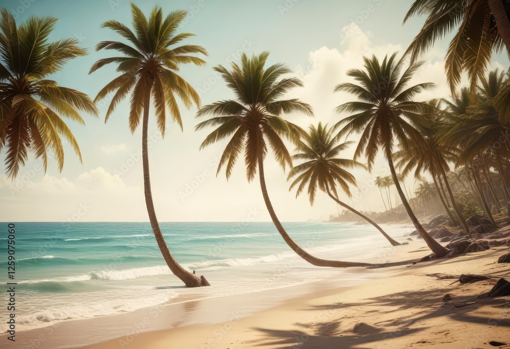 Obraz premium Vintage postcard style beach scene with palm trees and ocean , tropical beach, distressed wood