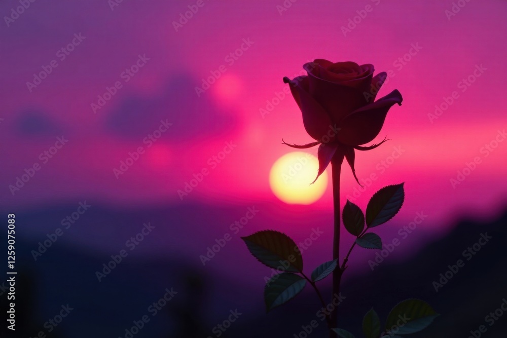 Black shape of a rose against a vibrant purple sunset, color gradation, silhouette, shadow Black shape of a rose against a vibrant purple sunset, color gradation, silhouette, shadow