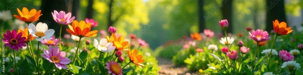 Obraz premium Blooming garden in spring with colorful flowers and greenery, greenery, spring, plants