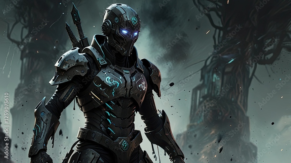 Fototapeta premium A skilled fighter in high tech armor prepares for battle in an apocalyptic setting filled with debris and shadowy remnants of a lost civilization