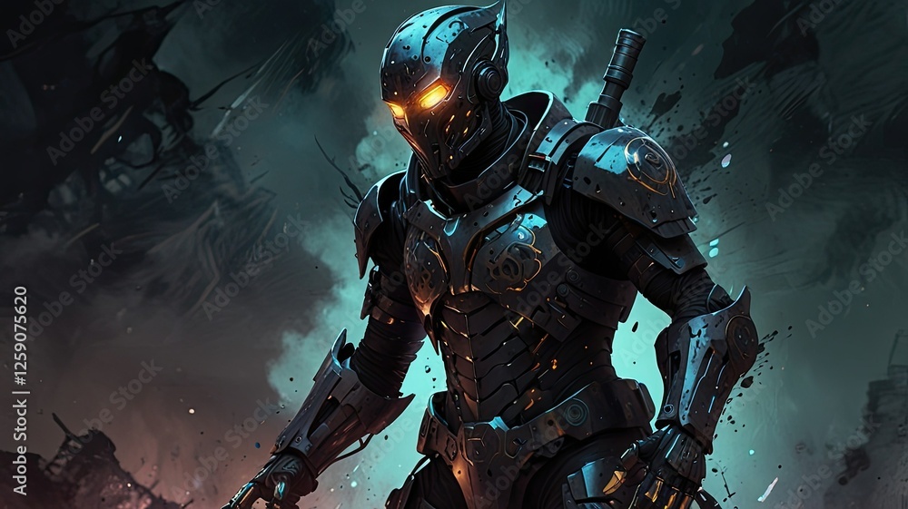 Naklejka premium A futuristic armored warrior stands confidently in a dark environment. The glowing features and intricate design suggest a high tech setting amid conflict