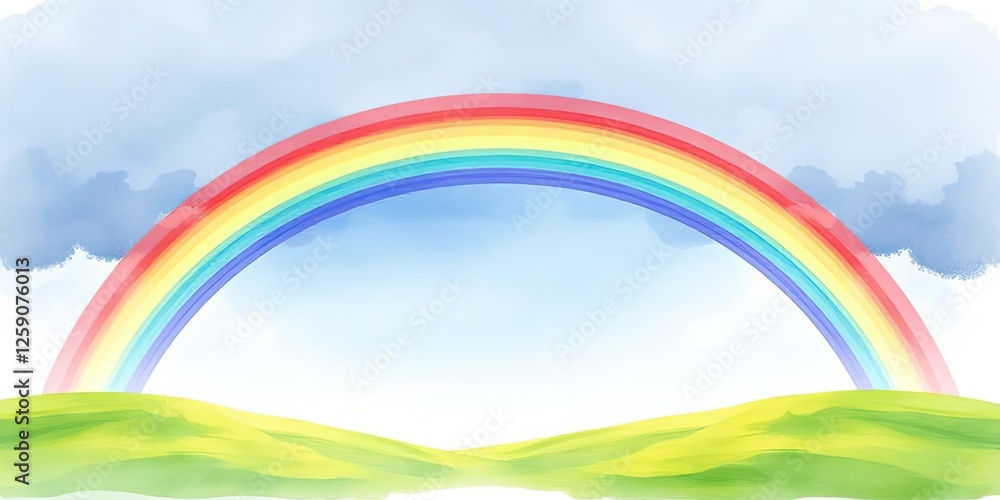 Vibrant Rainbow Over Rolling Green Hills Watercolor Sky Vibrant Rainbow Over Rolling Green Hills Watercolor Sky