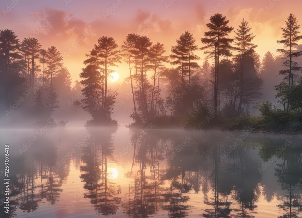Watercolor texture overlay on a serene lake scene at sunset with trees and mist , sunset, texture Watercolor texture overlay on a serene lake scene at sunset with trees and mist , sunset, texture