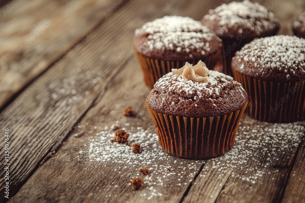 There are two muffins on a wooden table with some sugar on top There are two muffins on a wooden table with some sugar on top