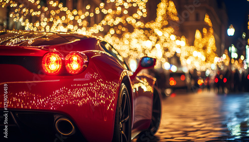 Sleek red sports car on urban street with festive lights in the evening photo