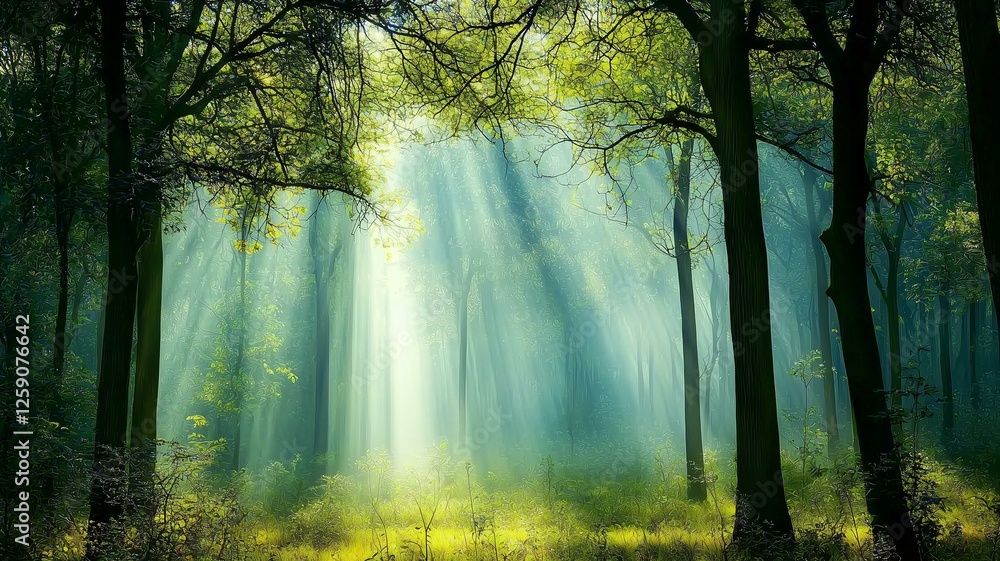Photorealistic view of a foggy morning in a dense forest with sunlight piercing through tall trees
Photorealistic view of a foggy morning in a dense forest with sunlight piercing through tall trees