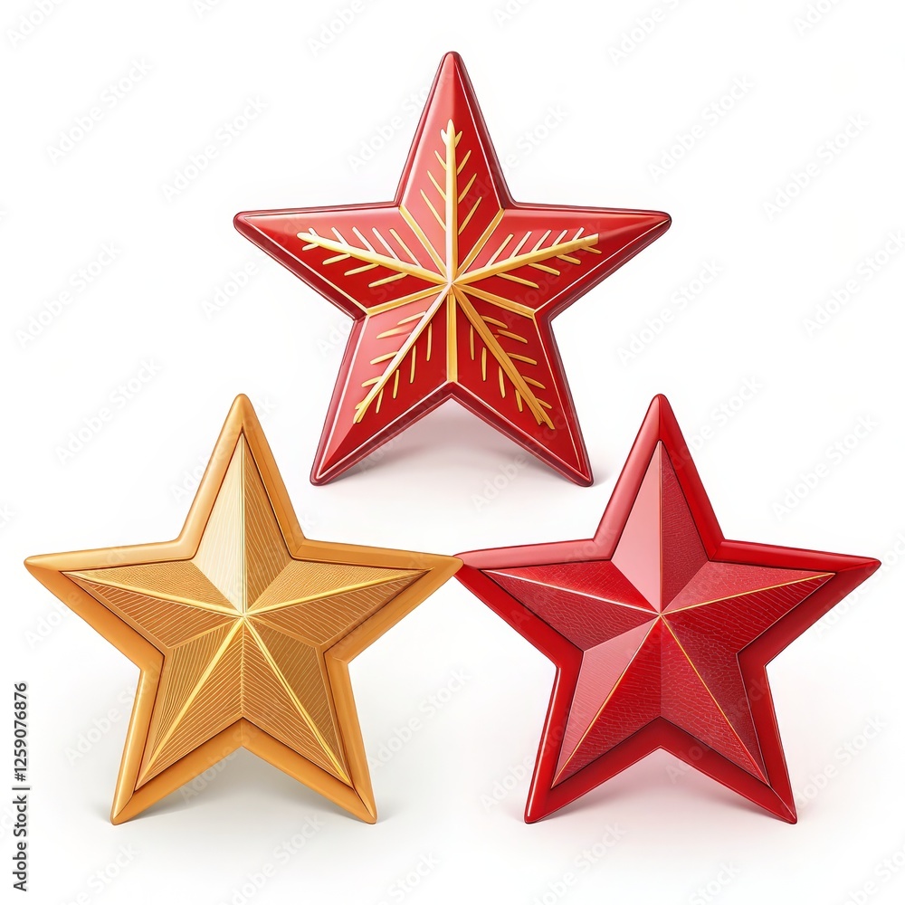 3D Render Gold and Red Stars, Snowflake Design, Award Concept, 3D Modeling, Festive Stars Award, Star 3D Render Gold and Red Stars, Snowflake Design, Award Concept, 3D Modeling, Festive Stars Award, Star
